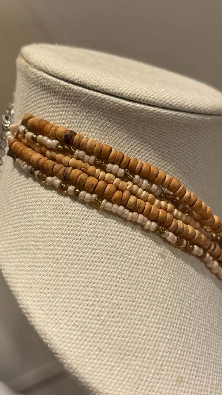 Multistrand Boho Necklace Wooden Beads Large Lucite/Resin Square Pendant
